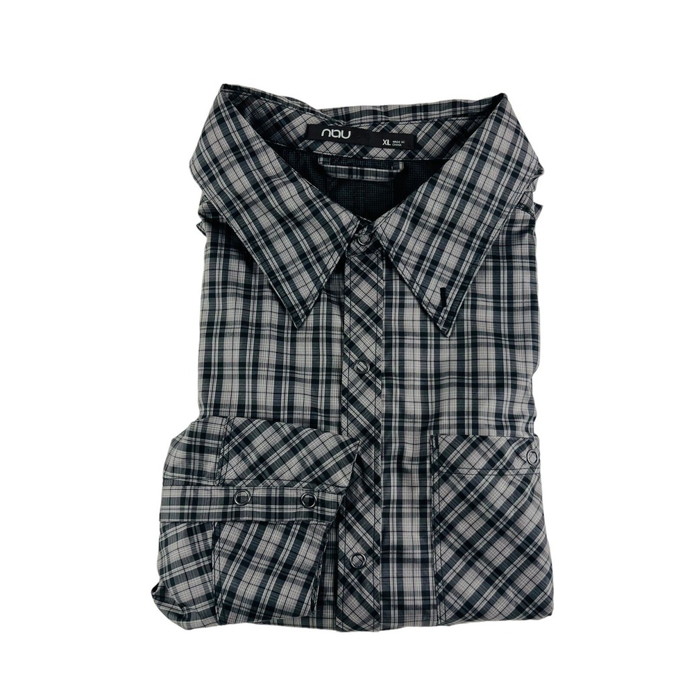 NAU Gray Plaid Polyester Waterproof Long Sleeve Snap Up Shirt Mens Size XL